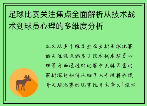 足球比赛关注焦点全面解析从技术战术到球员心理的多维度分析