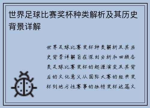 世界足球比赛奖杯种类解析及其历史背景详解