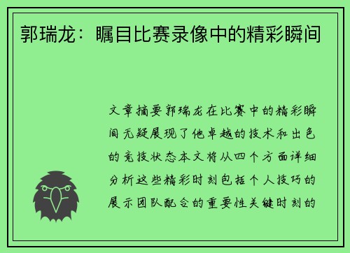 郭瑞龙：瞩目比赛录像中的精彩瞬间