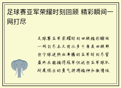 足球赛亚军荣耀时刻回顾 精彩瞬间一网打尽
