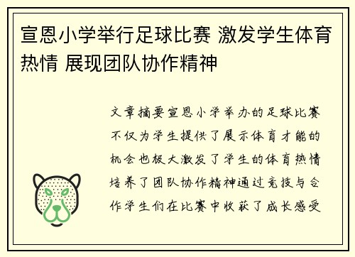 宣恩小学举行足球比赛 激发学生体育热情 展现团队协作精神