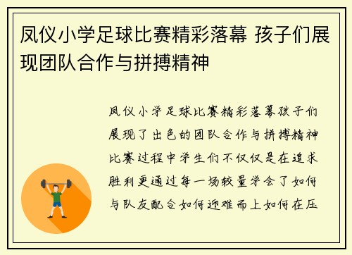 凤仪小学足球比赛精彩落幕 孩子们展现团队合作与拼搏精神