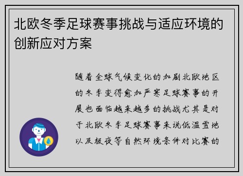 北欧冬季足球赛事挑战与适应环境的创新应对方案