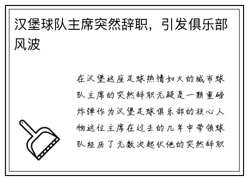 汉堡球队主席突然辞职，引发俱乐部风波
