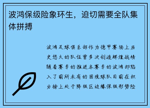波鸿保级险象环生，迫切需要全队集体拼搏