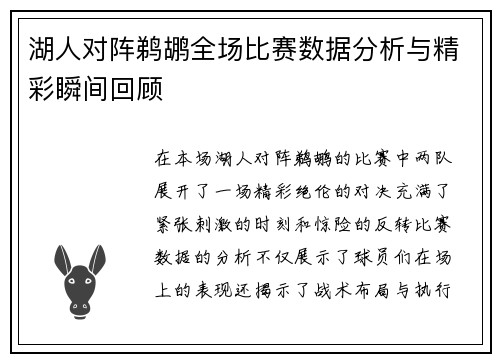 湖人对阵鹈鹕全场比赛数据分析与精彩瞬间回顾